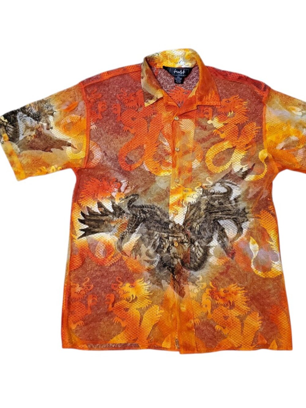 Vintage 2000's Y2K Dragon Mesh Net Sheer Skater Button Shirt - 2XL